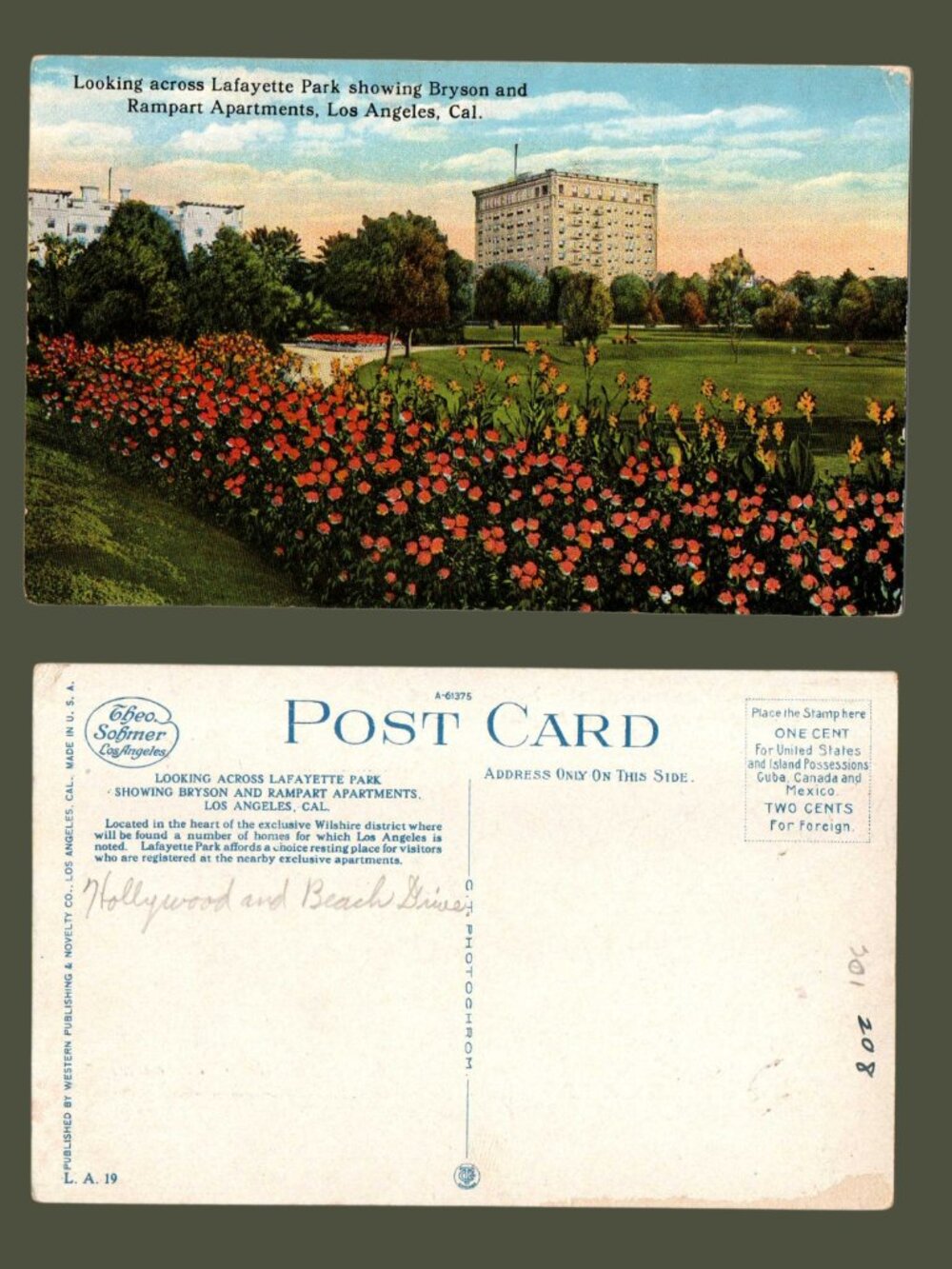 POSTCARD SALE 10/$20 California Lafayette Park Los Angeles Linen Postcard
